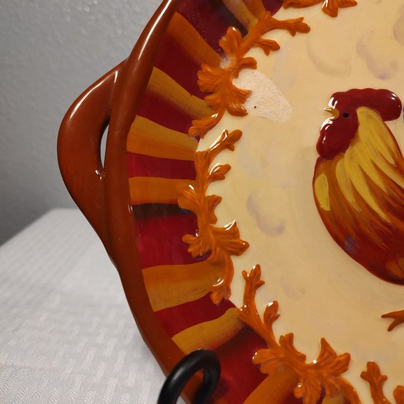 BELLA CASA ROOSTER PLATE BY GANZ EARTHTONES EXCELLENT CONDITION WITH HANDLES 10" - Picture 3 of 4
